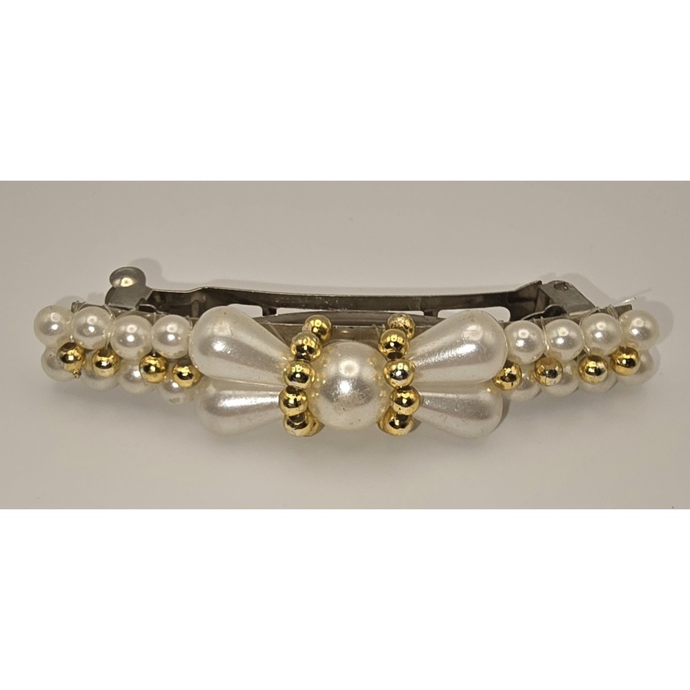 Vintage Unbranded Plastic Pearl‎ And Gold Bead Hair Clip Barrette  -536